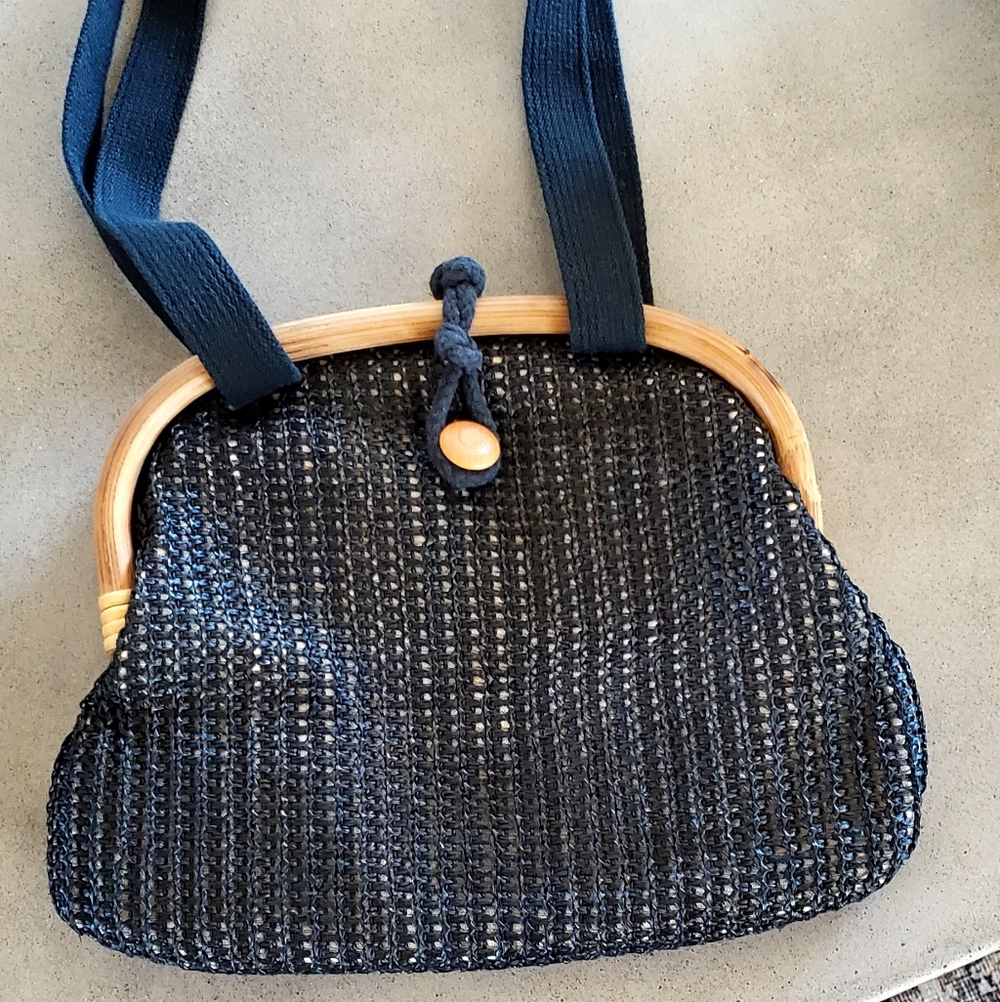 Vintage 1950's Black Woven Rafia Overlay Bamboo Frame Shoulder Bag, EUC - Picture 4 of 15